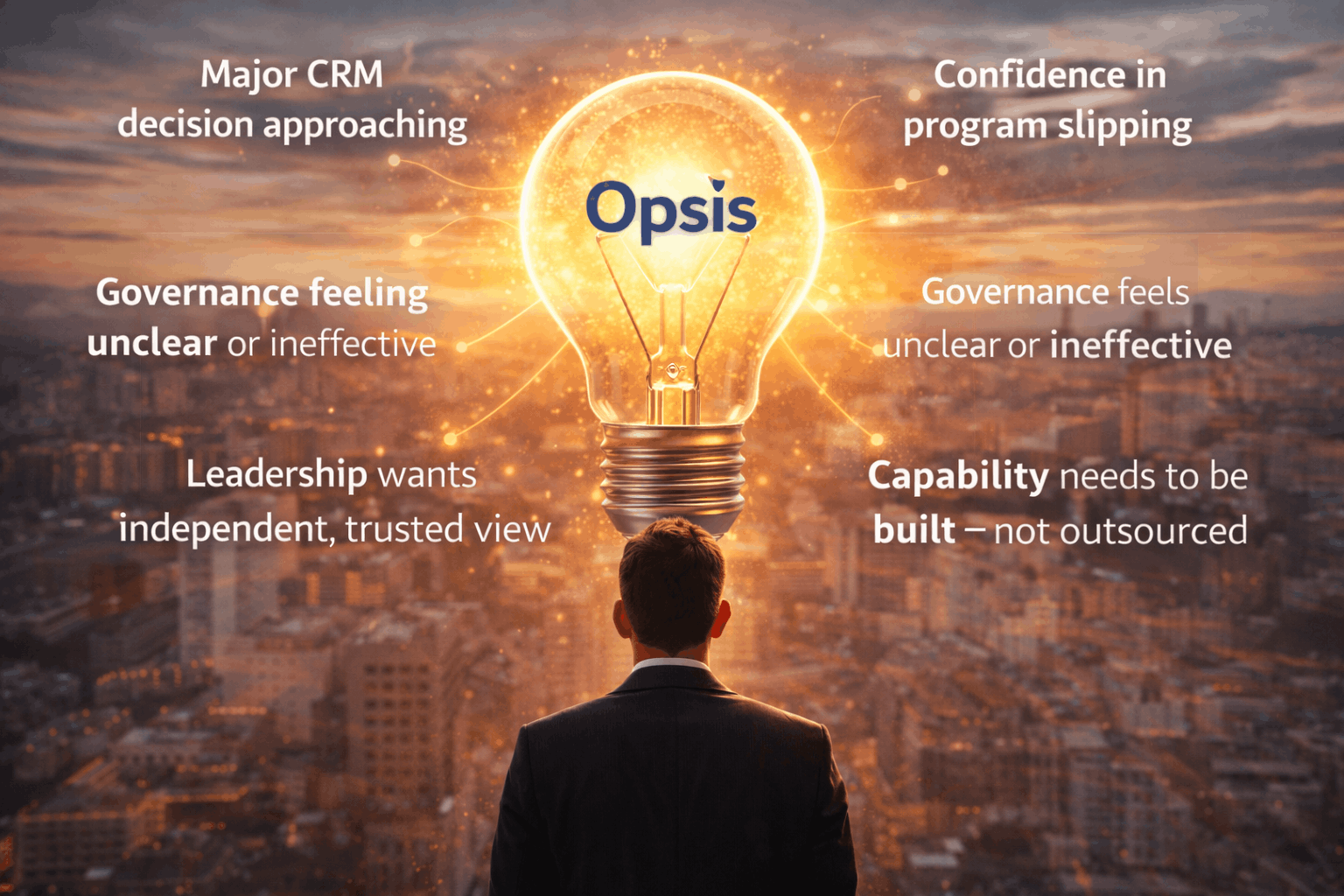 Leader facing a city skyline with a glowing lightbulb, symbolising clarity, independent judgement, and confident CRM decision-making.