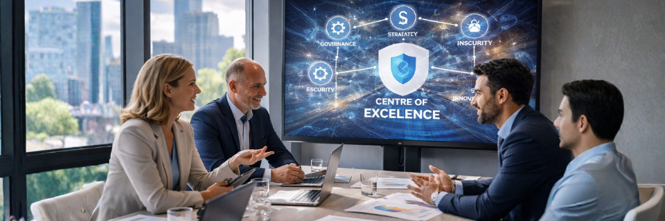 Consultants collaborating around a table with a ‘Centre of Excellence’ digital graphic displayed behind them.