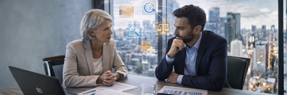Senior advisor mentoring a business professional in a one-on-one discussion with data and insights visible in the background.