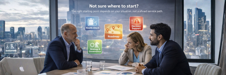 Advisory team reviewing a digital success and relationship management framework on a screen during a strategic meeting.