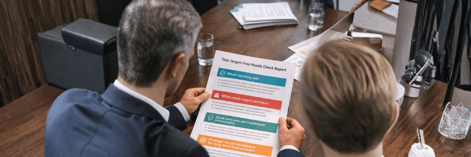 Executive reviewing a business health check report highlighting what is working, issues requiring attention, and recommended next steps.