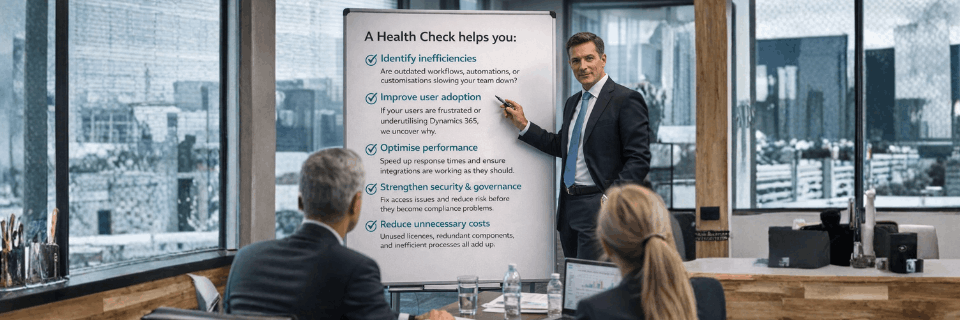 Consultant explaining how a business health check identifies inefficiencies, improves adoption, and optimises performance.