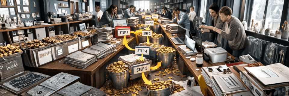 Visual representation of a step-by-step business health check process, showing staged improvements leading to greater value.