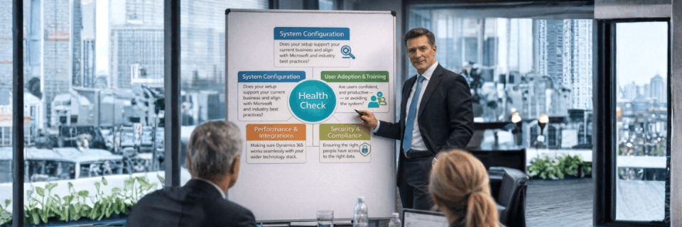 Advisor presenting a structured health check framework to leadership, explaining system configuration, performance, and security.