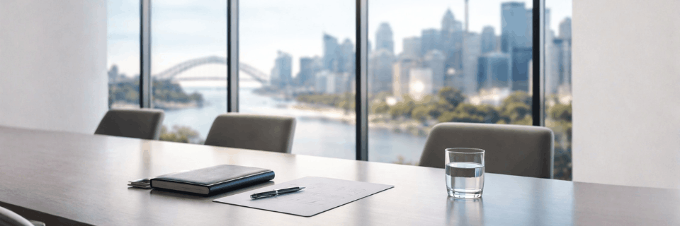 Empty boardroom table with a notebook and pen overlooking a city skyline, representing readiness for strategic discussion and governance decisions.