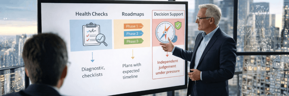 Advisor comparing health checks, roadmaps, and decision support on a screen, highlighting independent judgement under pressure.