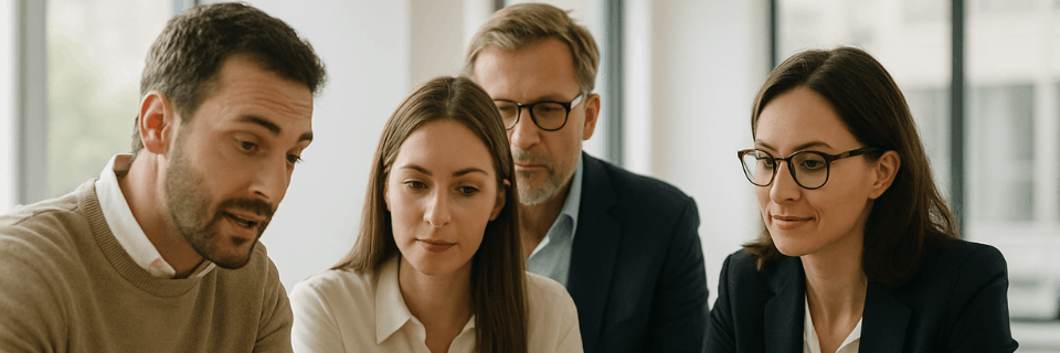 CRM and program leaders collaborating around a laptop, discussing delivery decisions and program design.