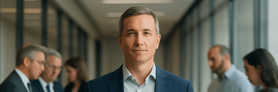 Senior executive standing confidently in a corporate environment, representing independent CRM guidance for executives and boards.