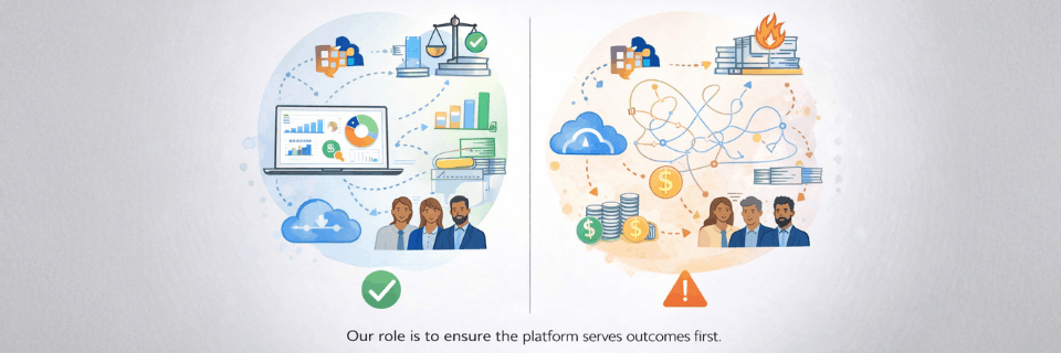 Illustration comparing an effective platform aligned to business outcomes with an ineffective platform causing complexity, cost, and risk.