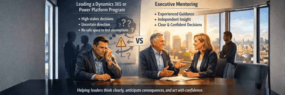Comparison showing a leader struggling with high-stakes Dynamics 365 decisions versus a leader engaged in executive mentoring, highlighting experienced guidance, independent insight, and confident decision-making.