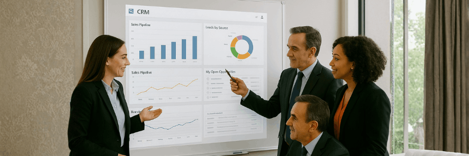 Advisor presenting a CRM framework to a leadership team, supporting shared understanding and consistent decision-making.