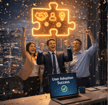 Team celebrating successful user adoption with a laptop display, symbolising confidence, ownership, and sustained adoption after go-live.