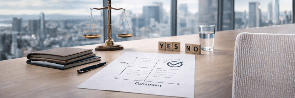 Documents on a boardroom table with balance scales and yes–no decision markers, representing objective evaluation and informed roadmap choices.