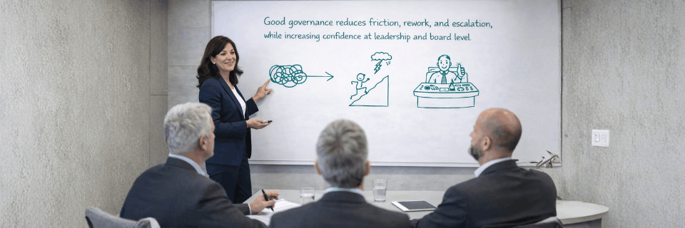 Consultant explaining how good governance reduces friction, rework, and escalation while increasing leadership confidence.